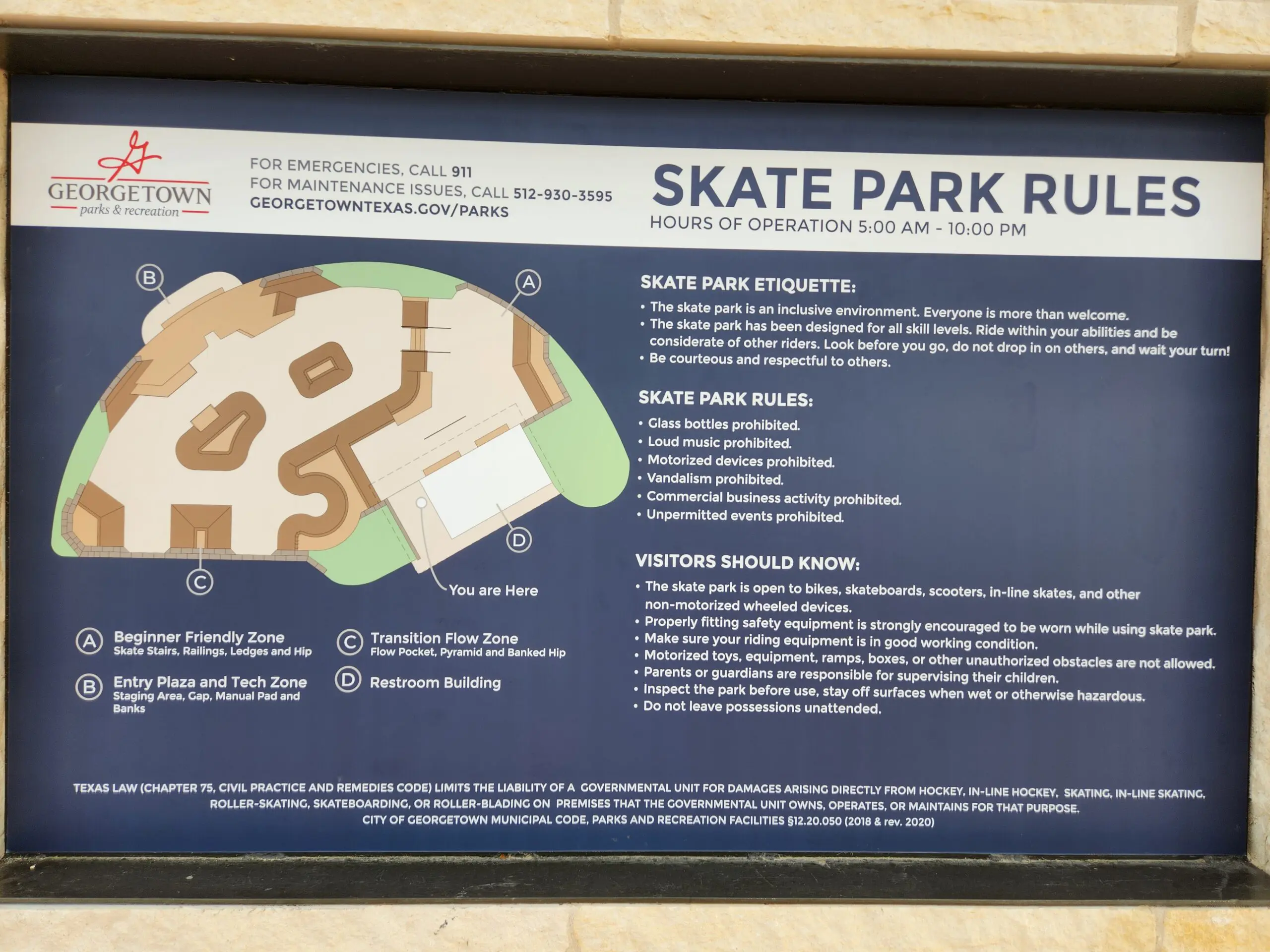 City of Georgetown San Gabriel Skate Park Rules and Hours