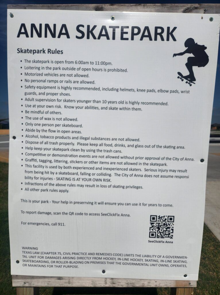 SPA Skateparks - City of Anna Slayter Creek Skate Park Rules & Hours Sign