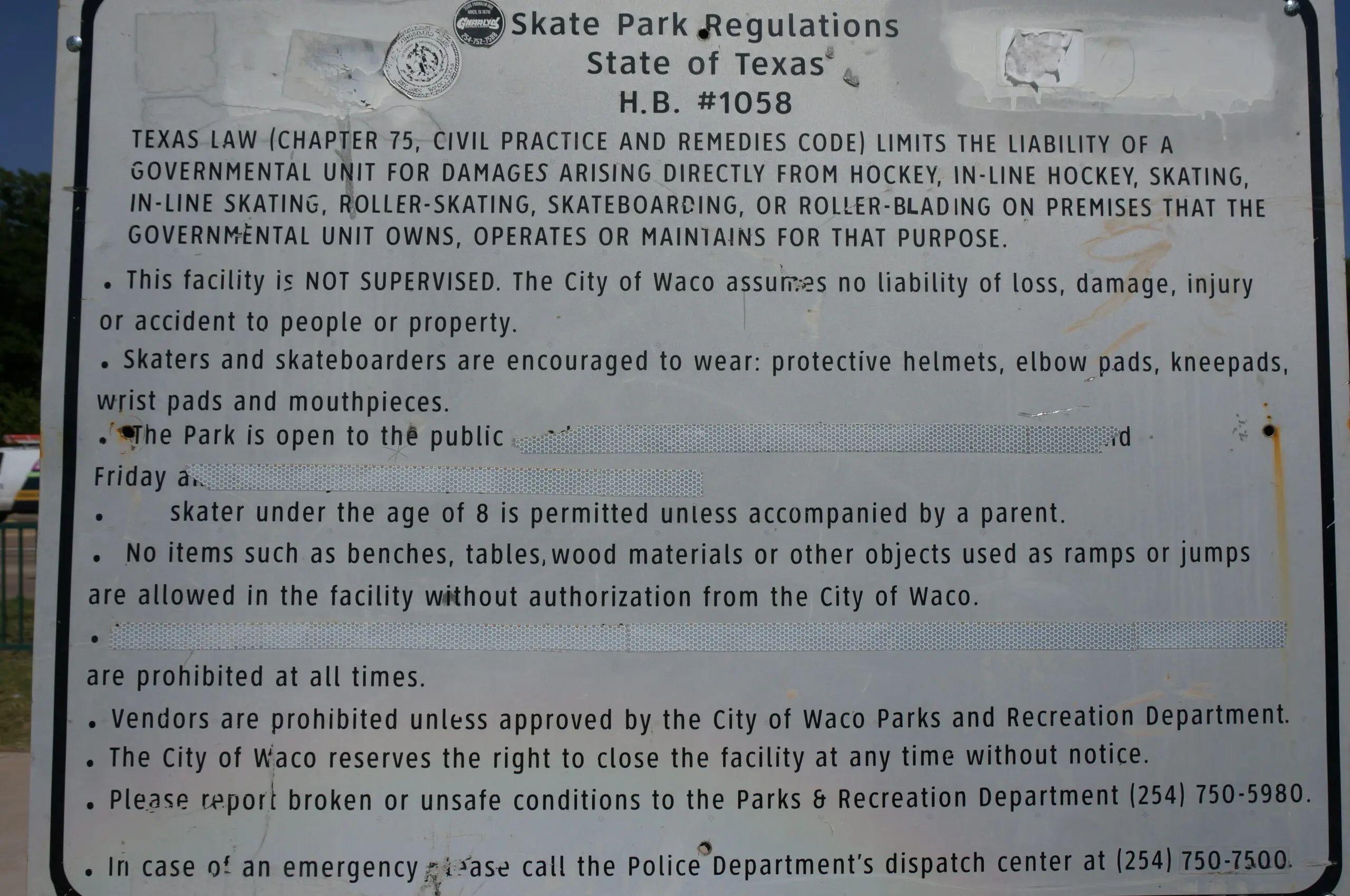 City of Waco Texas Sul Ross Skatepark Rules Sign scaled