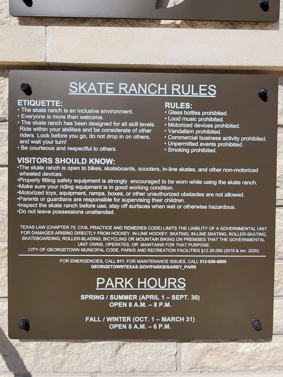 SPA Skateparks - City of Georgetown Garey Park Skate Ranch Rules Regulations Sign